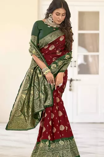 maroon silk blend banarasi saree with blouse 