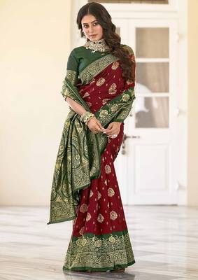 maroon silk blend banarasi saree with blouse  4