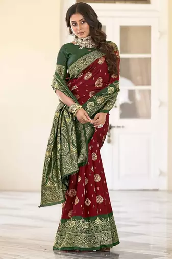 maroon silk blend banarasi saree with blouse 