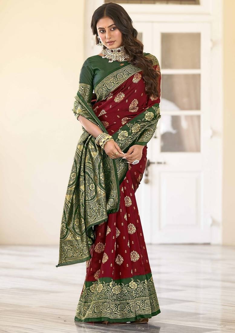 maroon soft art silk banarasi saree with blouse 