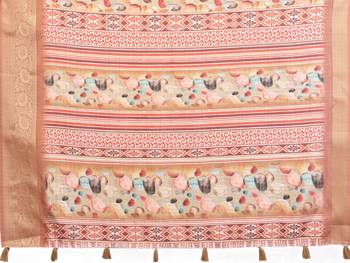 women's cream dola silk blend digital print saree with unstitched blouse piece 5