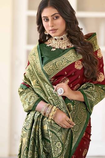 maroon soft art silk banarasi saree with blouse 
