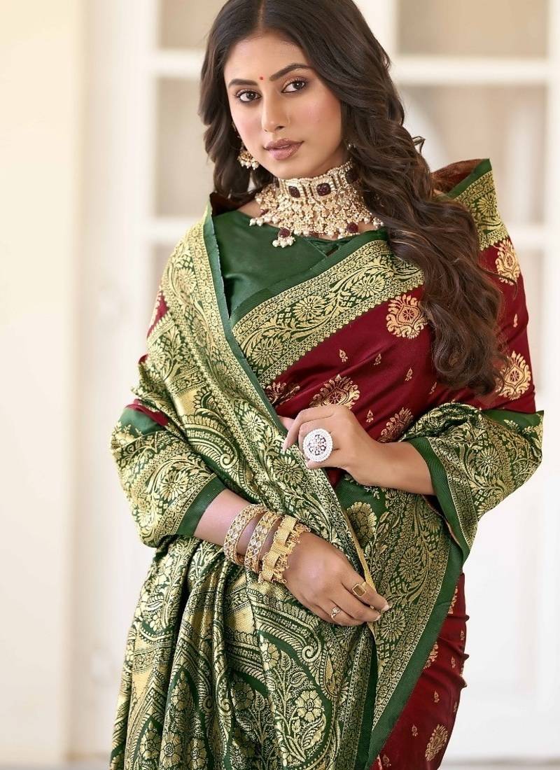 maroon soft art silk banarasi saree with blouse 