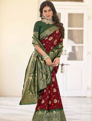 maroon silk blend banarasi saree with blouse  5