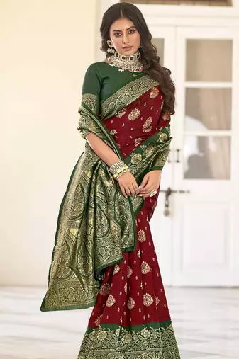 maroon silk blend banarasi saree with blouse 