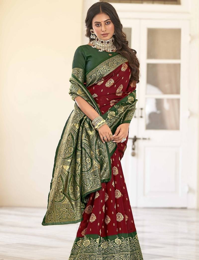 maroon soft art silk banarasi saree with blouse 