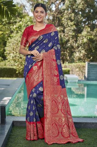 blue soft art silk banarasi saree with blouse 