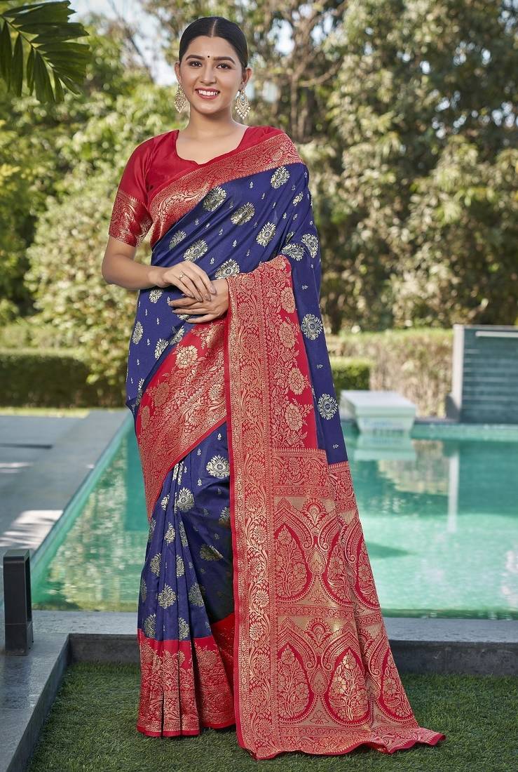 blue soft art silk banarasi saree with blouse 