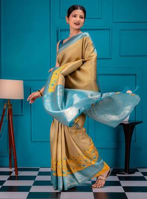 yellow silk blend banarasi saree with blouse  2
