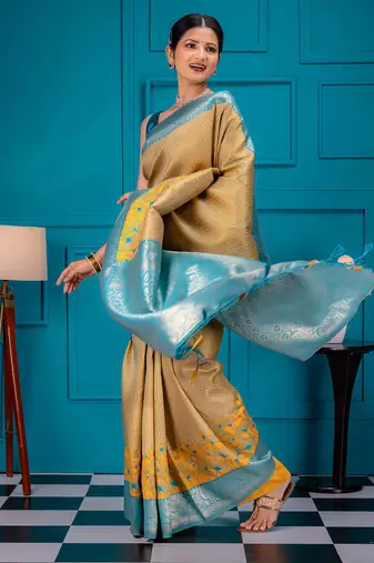 yellow soft art silk banarasi saree with blouse 