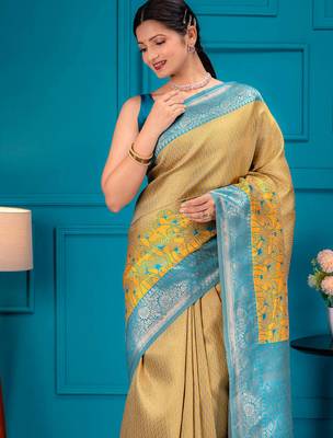 yellow silk blend banarasi saree with blouse  1