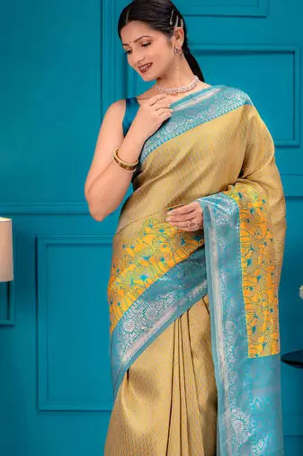 yellow soft art silk banarasi saree with blouse 