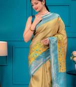 yellow soft art silk blend banarasi saree with blouse 