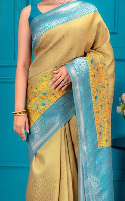 yellow silk blend banarasi saree with blouse  3