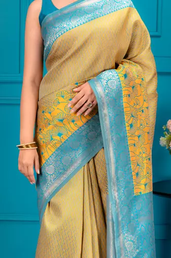 yellow silk blend banarasi saree with blouse 