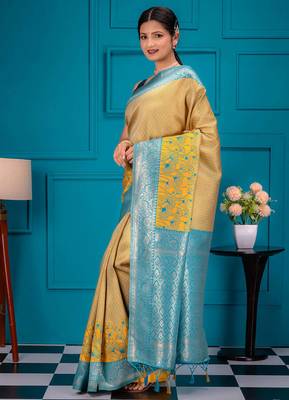 yellow silk blend banarasi saree with blouse  4