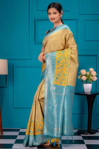 yellow silk blend banarasi saree with blouse 
