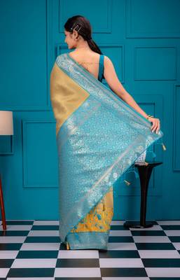 yellow silk blend banarasi saree with blouse  5