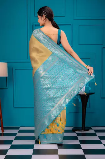 yellow silk blend banarasi saree with blouse 