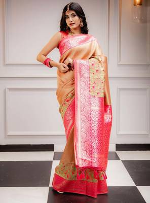 yellow silk blend banarasi saree with blouse  2