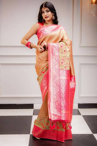 yellow soft art silk banarasi saree with blouse 