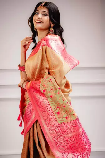 yellow silk blend banarasi saree with blouse 