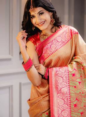 yellow silk blend banarasi saree with blouse  1