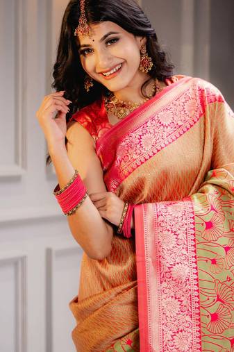 yellow soft art silk banarasi saree with blouse 