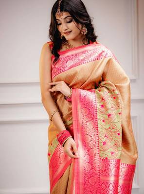 yellow silk blend banarasi saree with blouse  5
