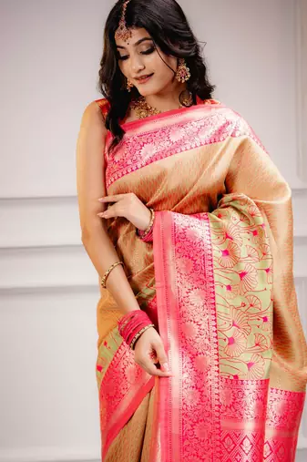 yellow silk blend banarasi saree with blouse 