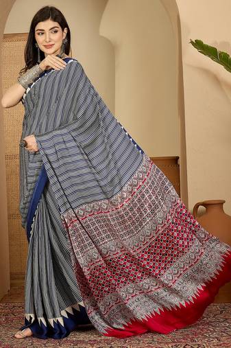 Women's navy blue satin printed saree with unstitched blouse piece
