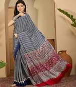 Women's navy blue satin printed saree with unstitched blouse piece
