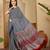 Women's navy blue satin printed saree with unstitched blouse piece