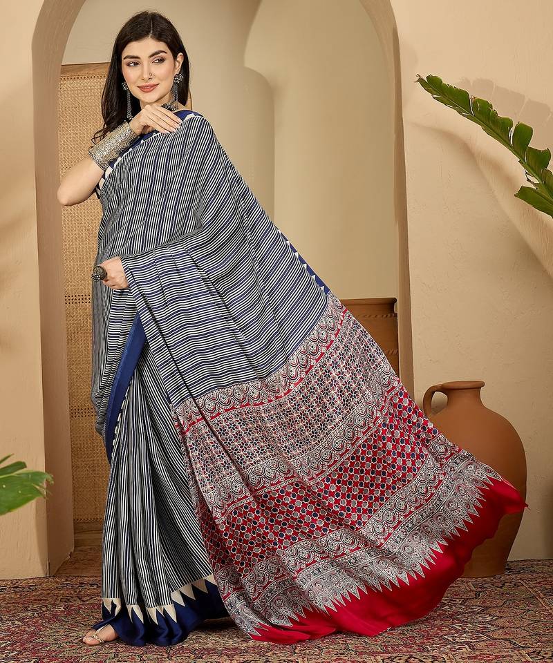 Women's navy blue satin printed saree with unstitched blouse piece
