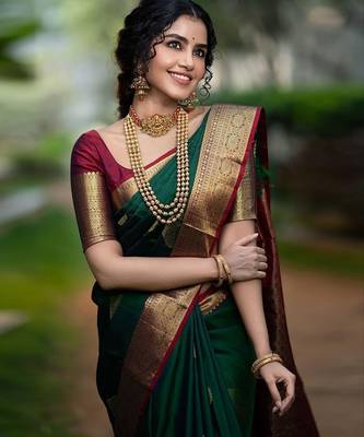 green silk blend banarasi saree with blouse  1