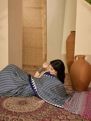 Women's navy blue satin printed saree with unstitched blouse piece 2