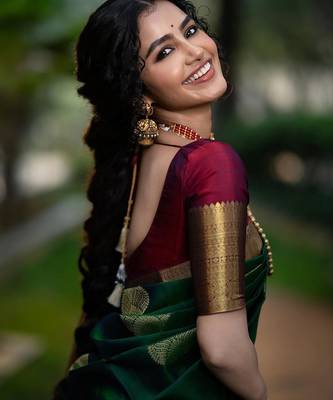 green silk blend banarasi saree with blouse  3