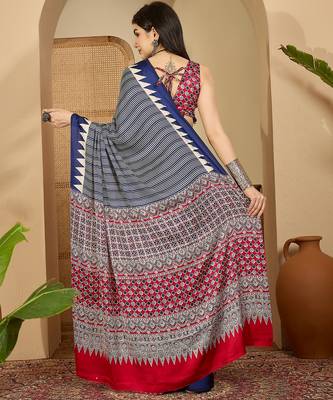 Women's navy blue satin printed saree with unstitched blouse piece 3