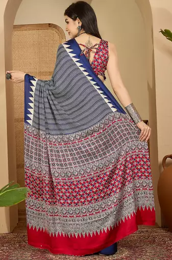 Women's navy blue satin printed saree with unstitched blouse piece