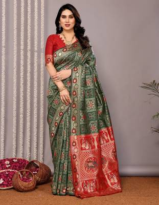 green silk blend banarasi saree with blouse  2