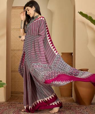 Women's rani satin printed saree with unstitched blouse piece 1