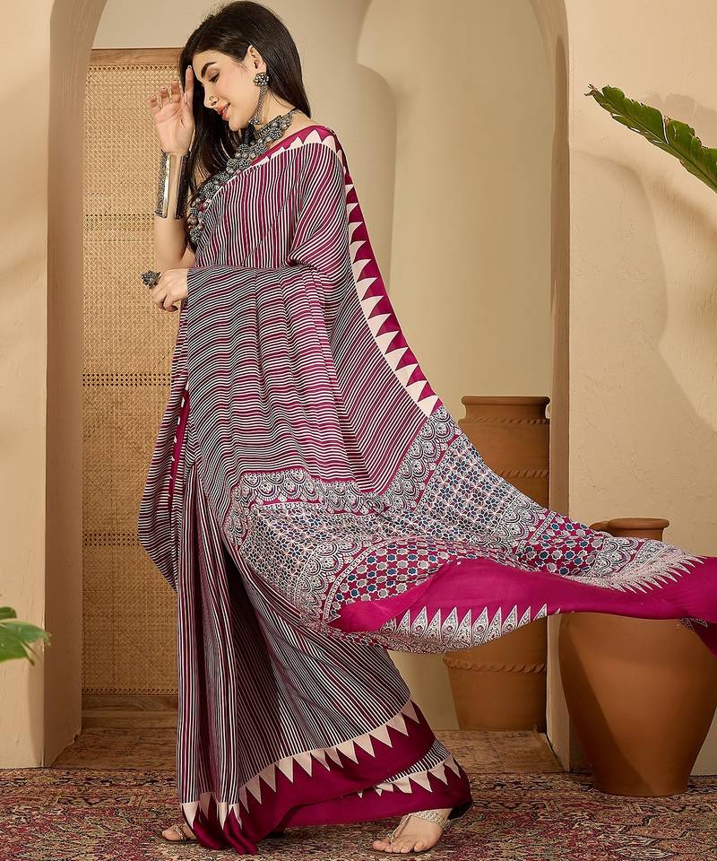 Women's rani  satin printed saree with unstitched blouse piece