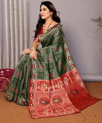 green silk blend banarasi saree with blouse  3