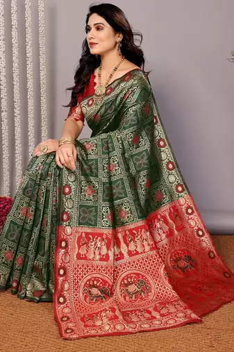 green silk blend banarasi saree with blouse 