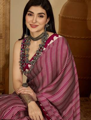 Women's rani satin printed saree with unstitched blouse piece 2