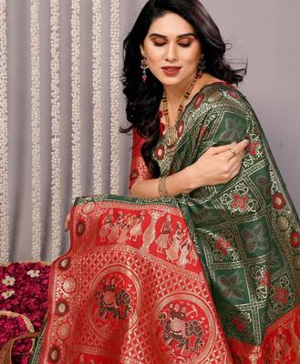 green silk blend banarasi saree with blouse  1