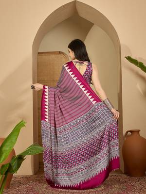Women's rani satin printed saree with unstitched blouse piece 3