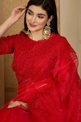Women's red  organza embroidered saree with unstitched blouse piece
