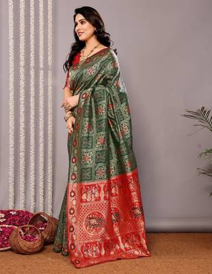 green silk blend banarasi saree with blouse  4