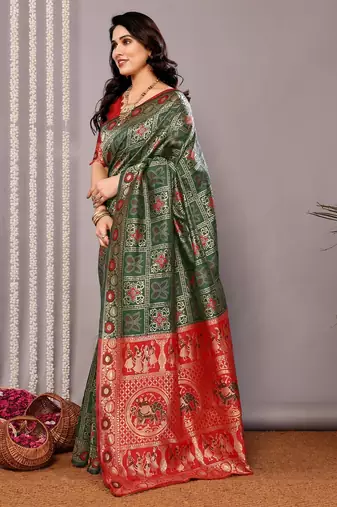 green silk blend banarasi saree with blouse 
